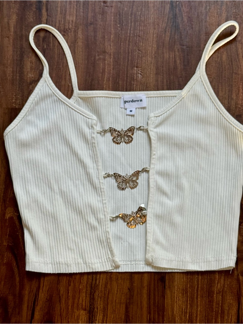 superdown Cream Ribbed Butterfly-Chain Crop Cami, Size M
